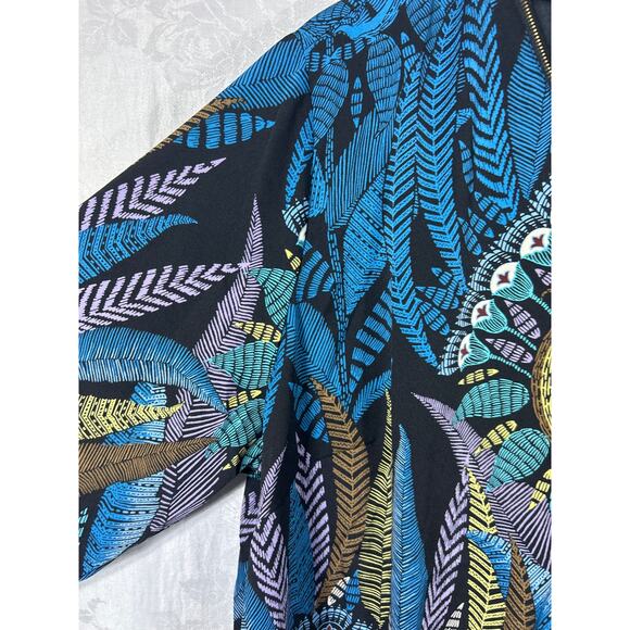Bob Mackie Top 2X Black Blue Purple Feather Print 1/2 Zip Satin Tribal Peacock - Picture 4 of 10